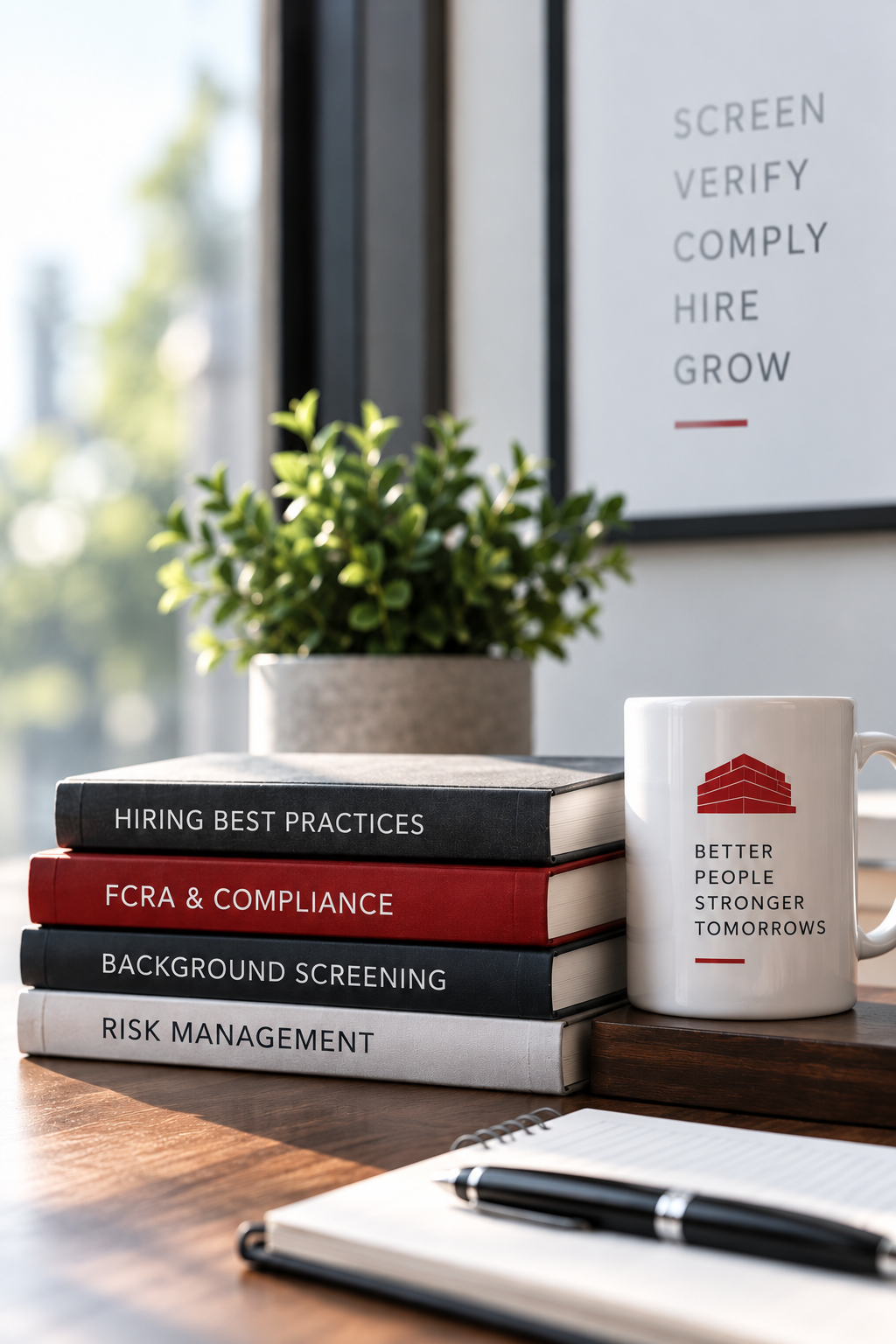 Stack of hiring, FCRA compliance, background screening and risk management books beside a Red Brick mug