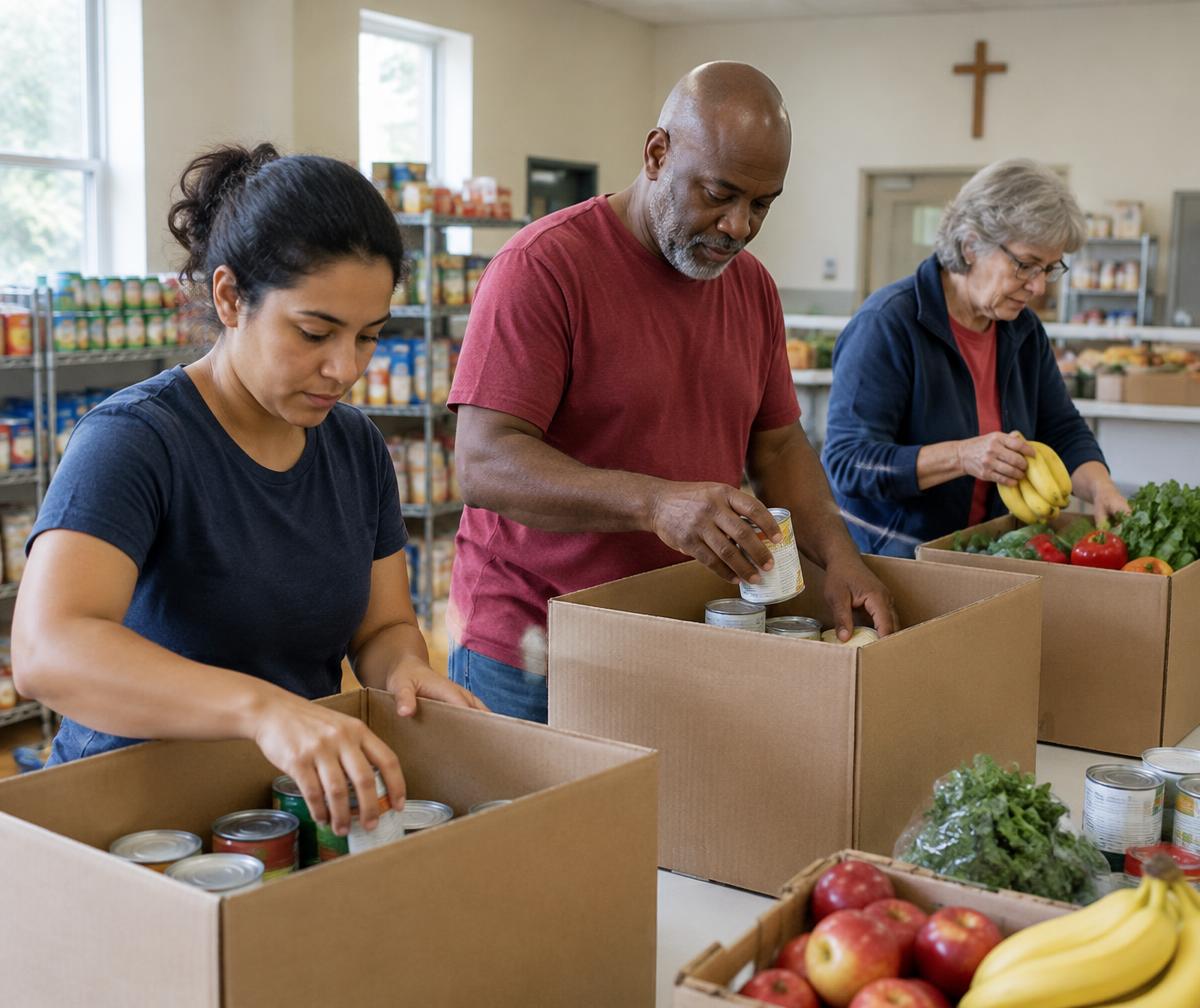 Church food pantry volunteers packing groceries for community members