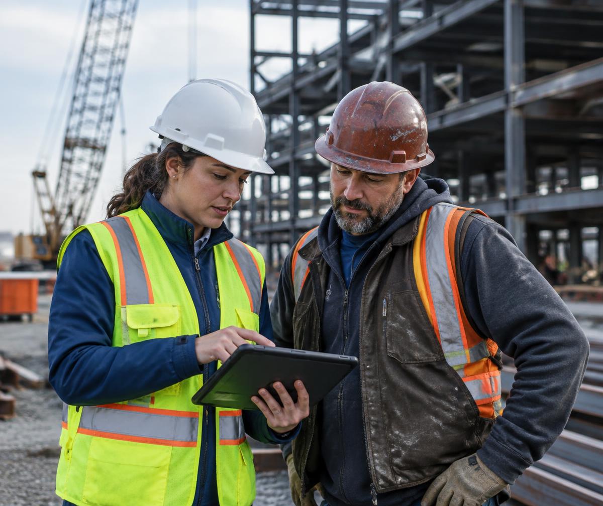 Engineer in a hard hat reviewing plans on a tablet with a construction foreman at a steel-frame jobsite