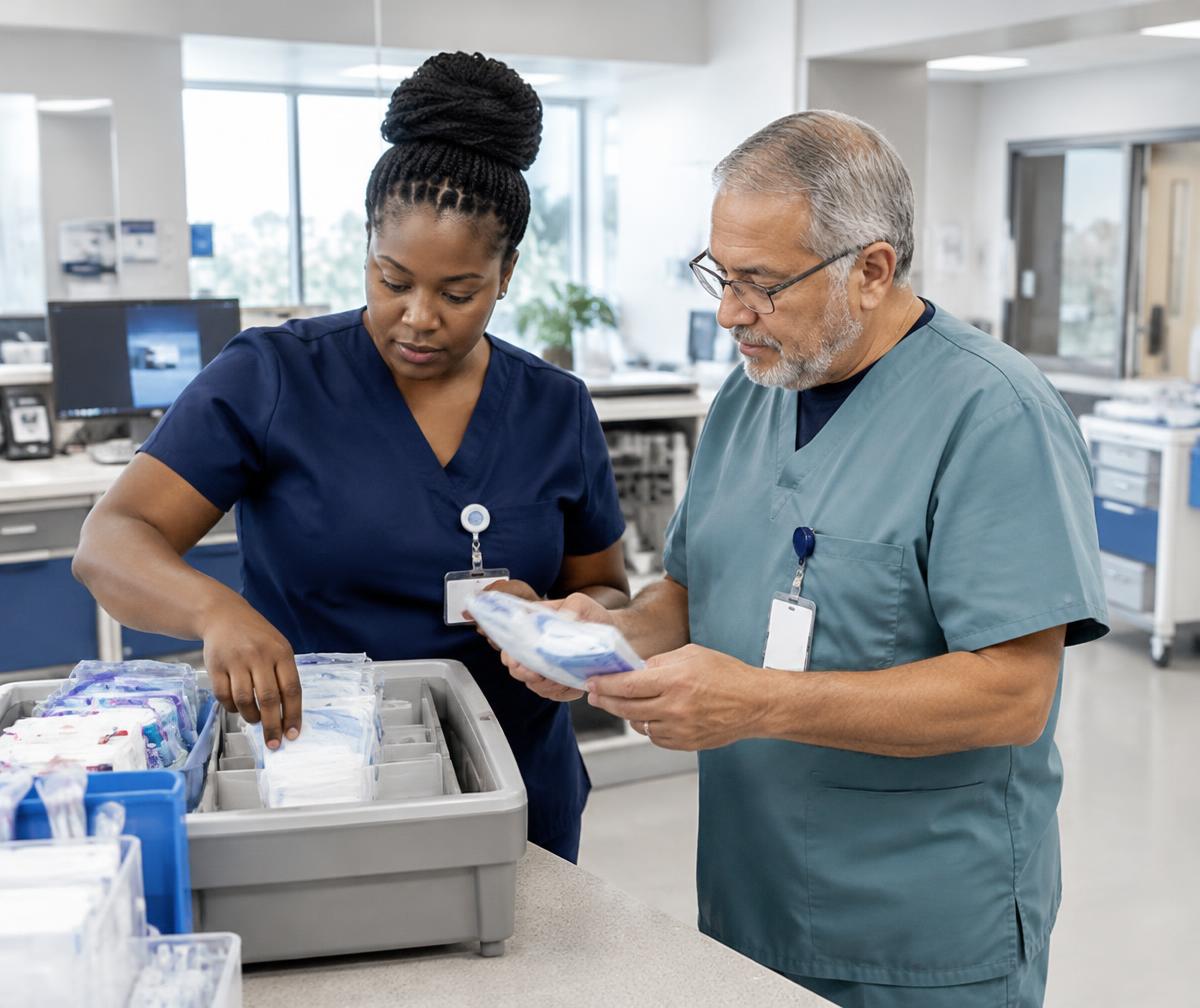 Healthcare colleagues organizing medical supplies at a hospital nurses station