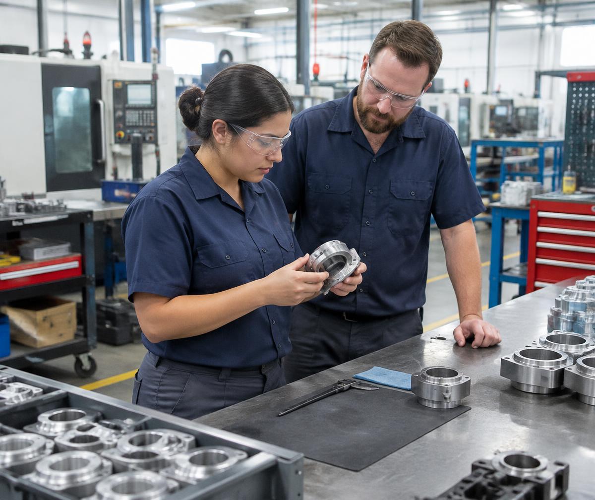 Manufacturing technicians wearing safety glasses inspecting a component on the factory floor