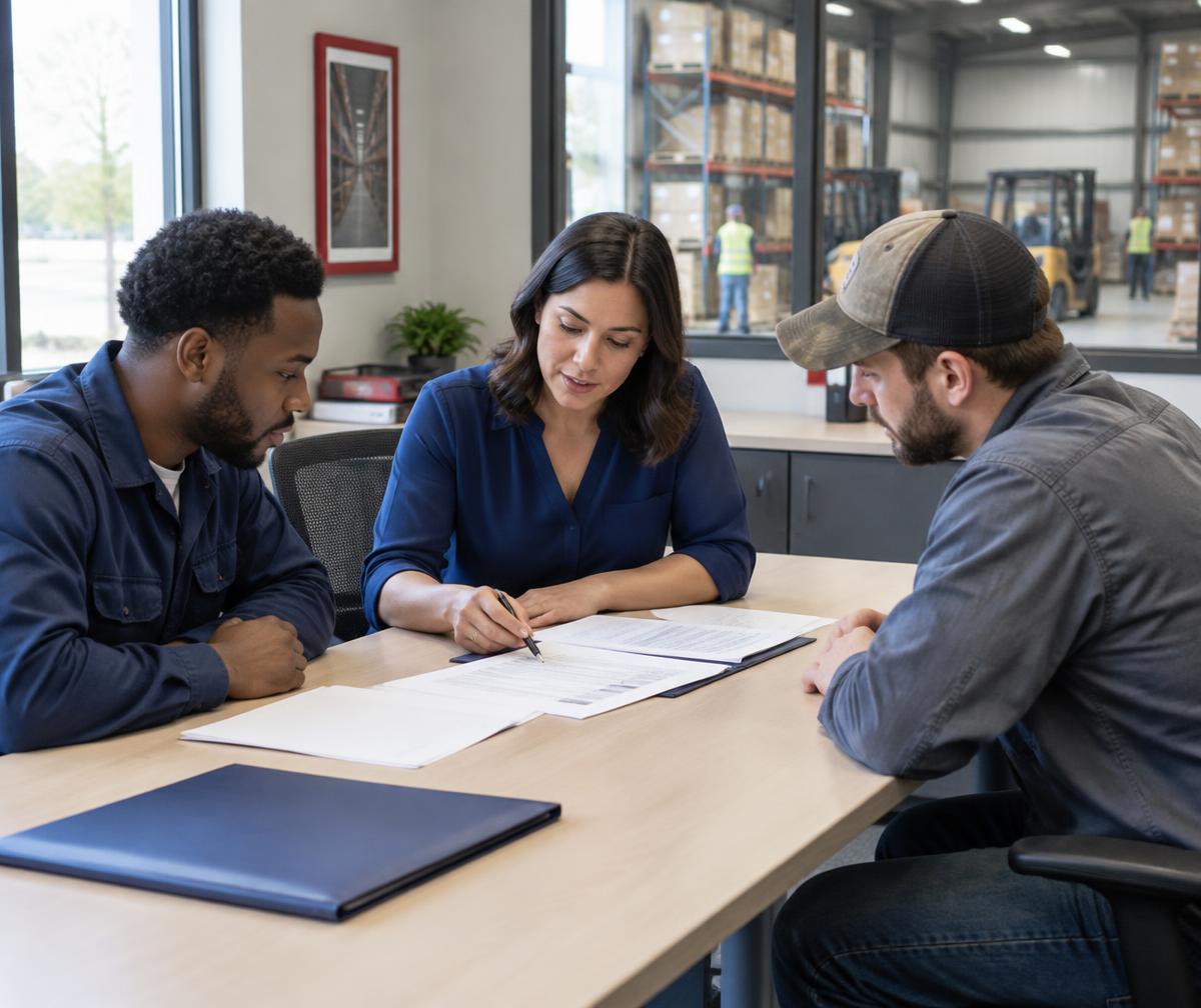 Staffing recruiter reviewing job paperwork with warehouse candidates