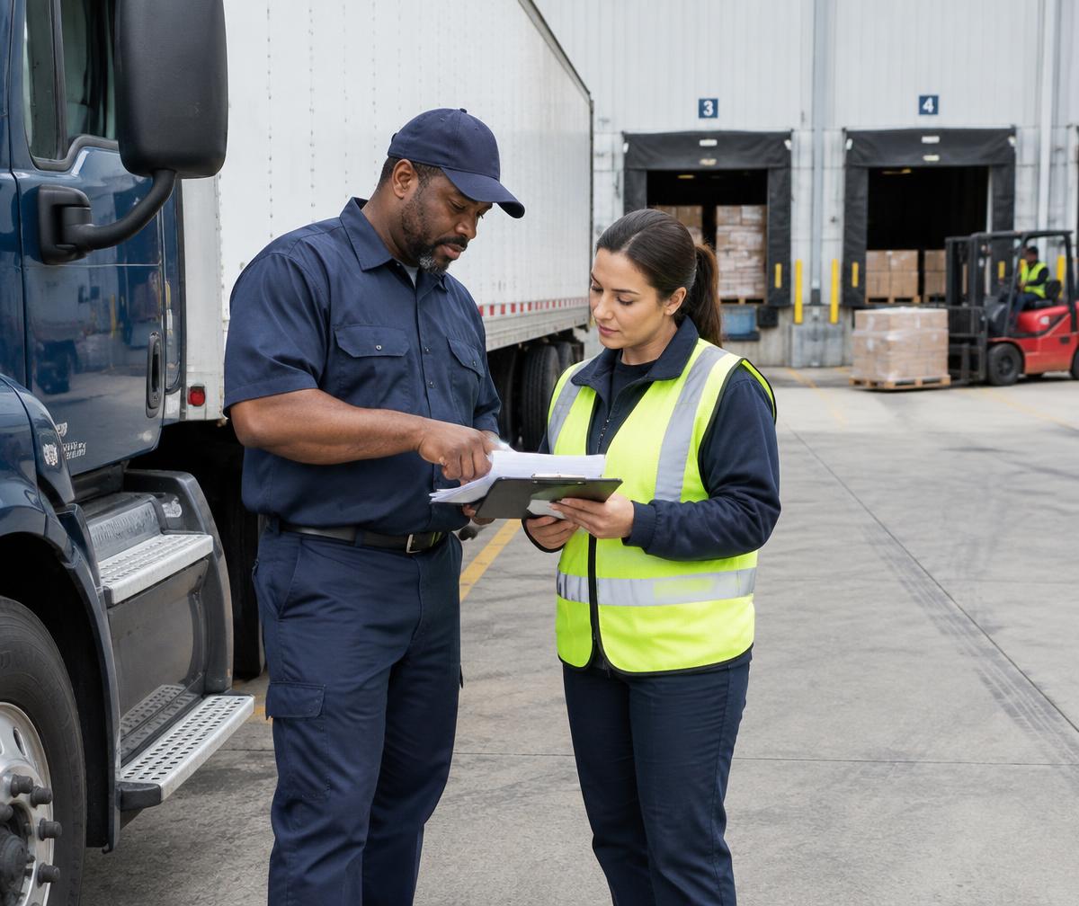 Truck driver and logistics coordinator reviewing a delivery manifest at a distribution center